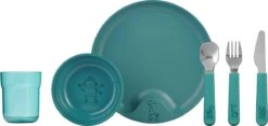 Mepal Mio – Kinderservies Set 6-delig – Bestaat Uit Een Bord, Schaaltje, Glas En Bestek – Deep Turquoise - Licht In Gewicht – Kan Tegen Een Stootje