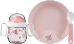 Mepal Mio – Babyservies 3-delig – Bestaat Uit Een Oefenbord, Antilekbeker En Oefenlepel – Flowers & Butterflies – Licht In Gewicht – Kan Tegen Een Stootje